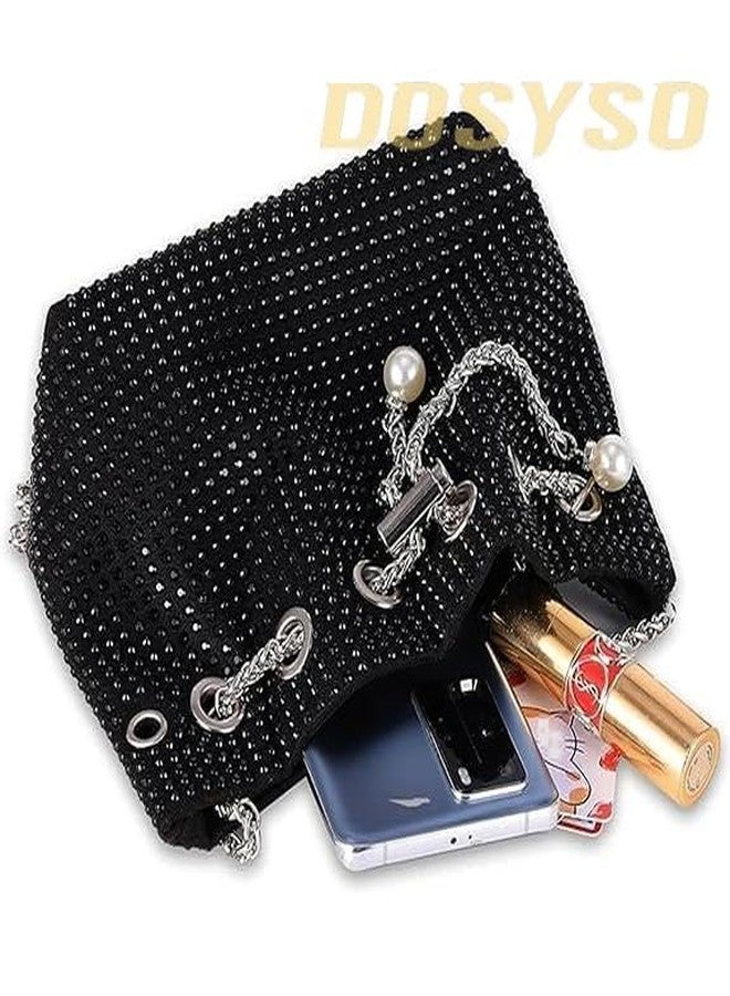 DOSYSO Rhinestone Bucket Bag Mini Evening Handbags Crystal Clutch For Women Drawstring Crossbody Sling Bags with Chain Stylish Potli Bags Ladies Glitter Purse Wallet for Party Wedding Bling (Black) - Image 5